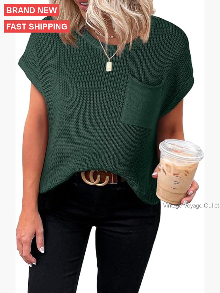 Lightweight Knit Pullover Tunic Top Short Sleeve Loose Fit Casual Sweater